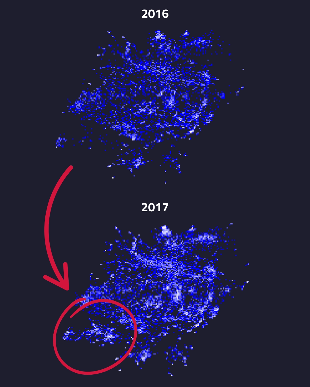 2D projection of the Steam map showing 2016 compared to 2017. The market segment where an explosion of VR games occurred in 2017 is shown in red.