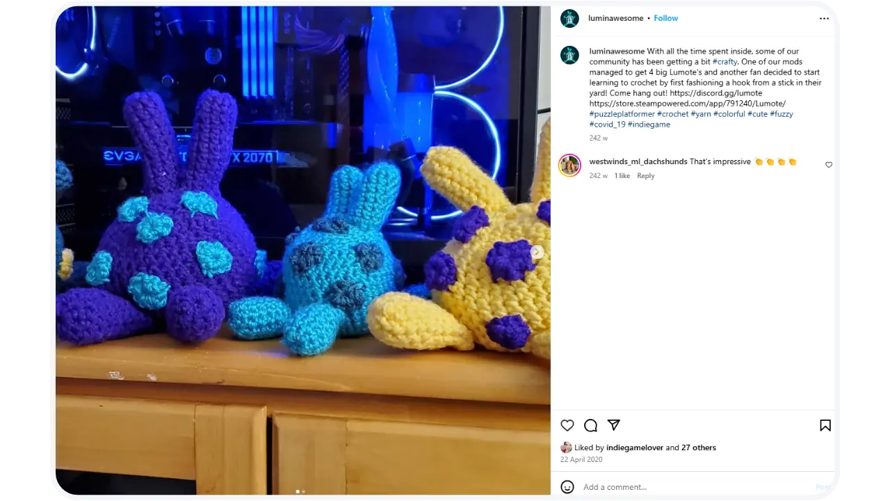 An image from the Luminawesome Instagram account featuring three crochet versions of their sea creature. One is purple with blue spots, another smaller one in the middle is light blue with dark blue spots and the one to the right of that is yellow with purple spots. Source: @luminawesome on Instagram, 22nd April 2020.