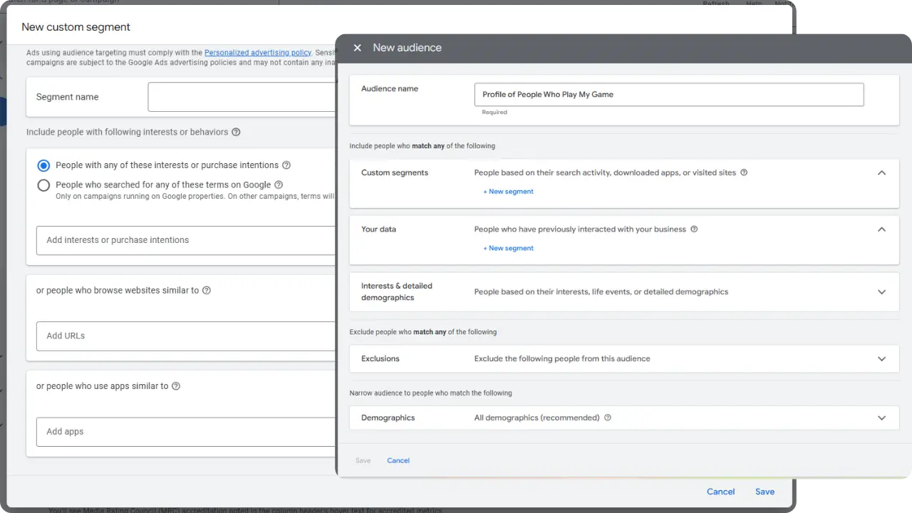 Two screenshots of creating audiences on Google Ads. On the left is segment creation. On the right is creating an audience to include multiple segments.