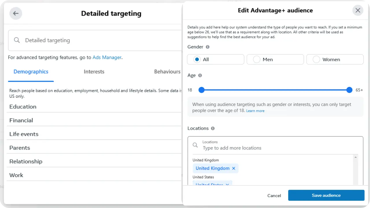 Two screenshots of creating audiences on Meta Ads. On the left is detailed targeting which included interests. On the right is basic demographics.
