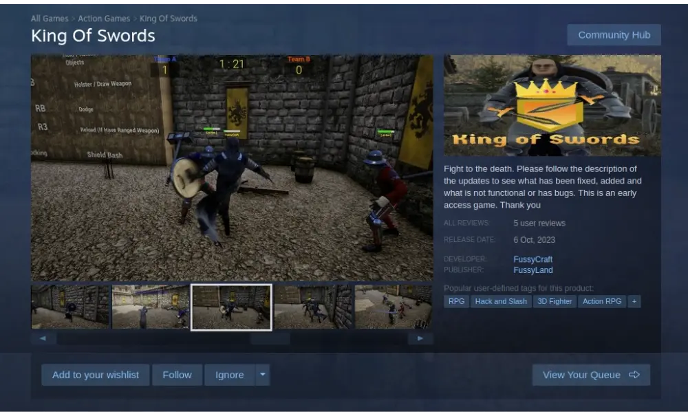An image of the Steam store page for the game titled 'King of Swords'