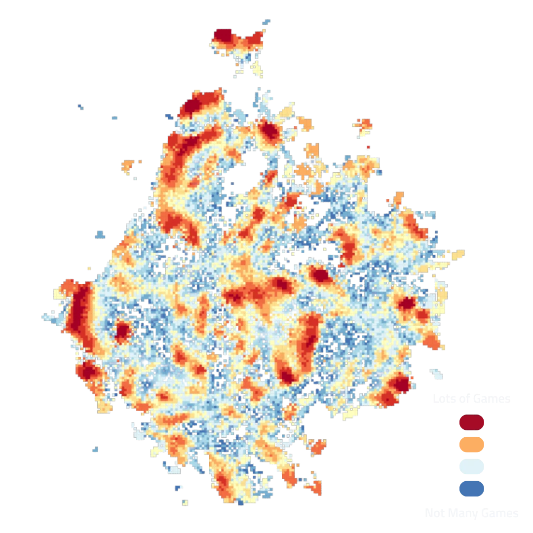 A heatmap of the Game Oracle Steam Map showing every game on the platform, using a colour scale from blue (low saturation) to red (high saturation) to indicate market crowding.