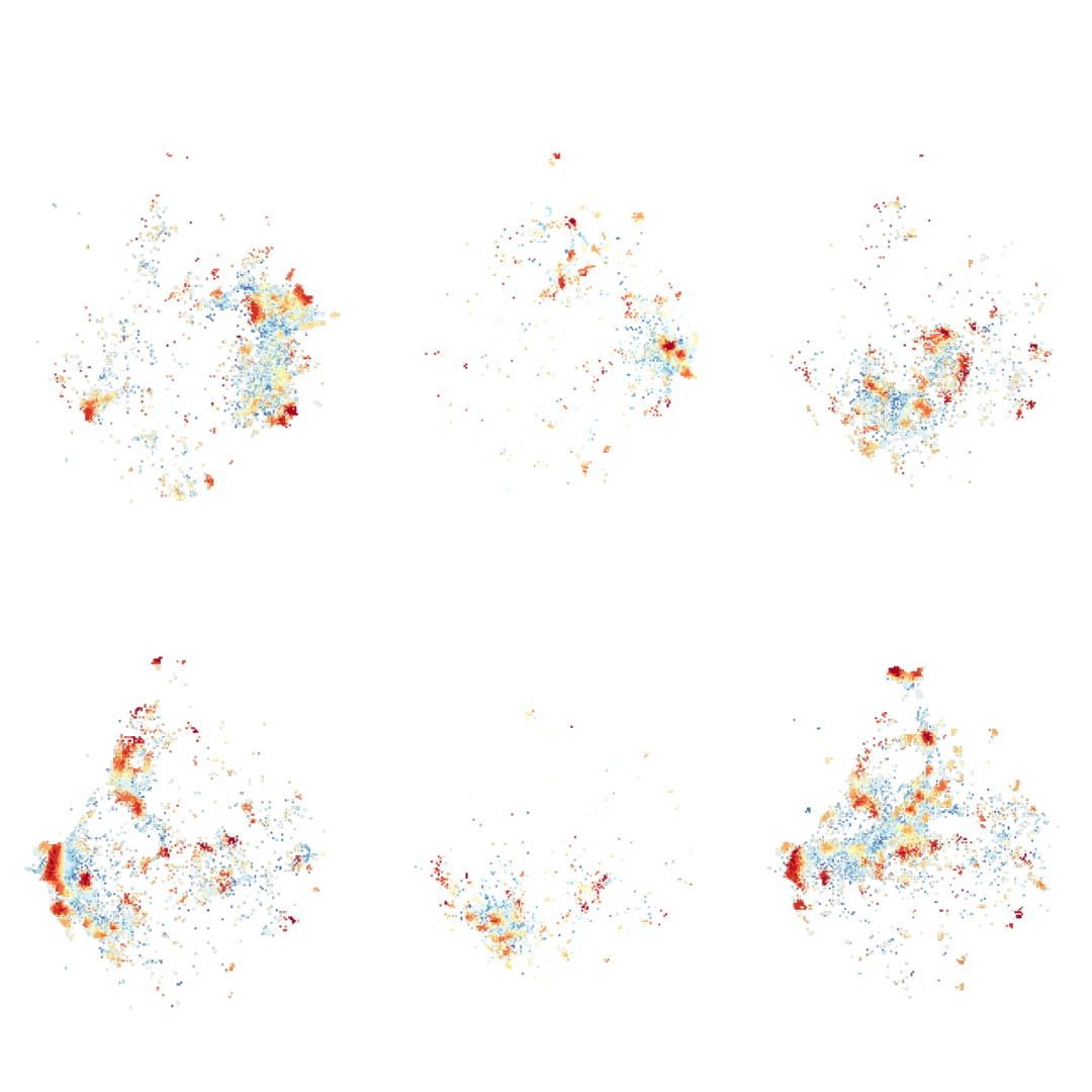 Six separate heatmaps showing the distribution and saturation levels of specific Steam game categories: Building & Automation, Card & Board, Fighting & Martial Arts, Horror, FPS, and Puzzle.