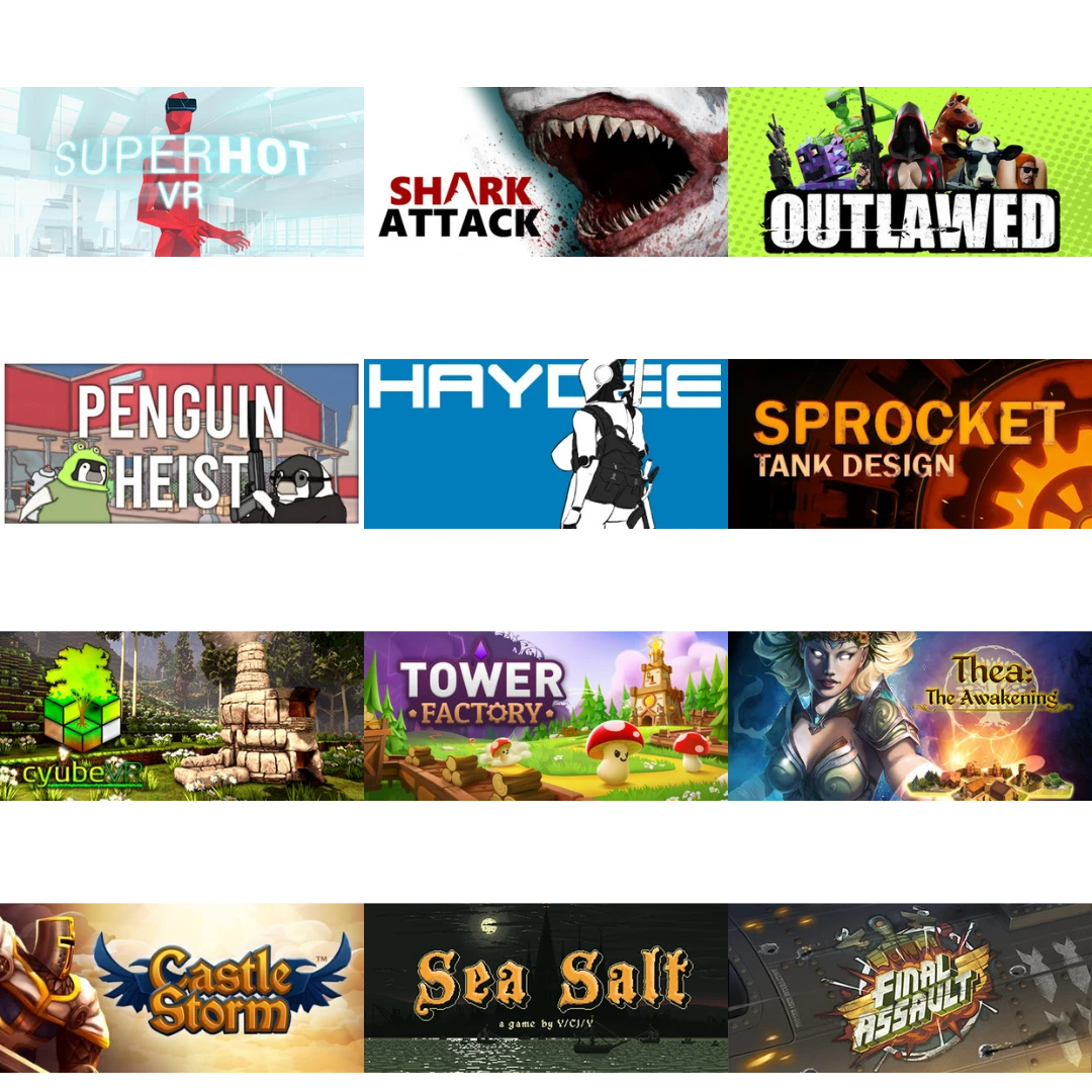 A grid of promotional cover art for successful indie games categorized into low-saturation genres: First-Person Shooters (Superhot VR, Shark Attack, Outlawed), Third-Person Shooters (Penguin Heist, Haydee, Sprocket), Farming & Crafting (CyubeVR, Tower Factory, Thea: The Awakening), and Real-Time Strategy (CastleStorm, Sea Salt, Final Assault).