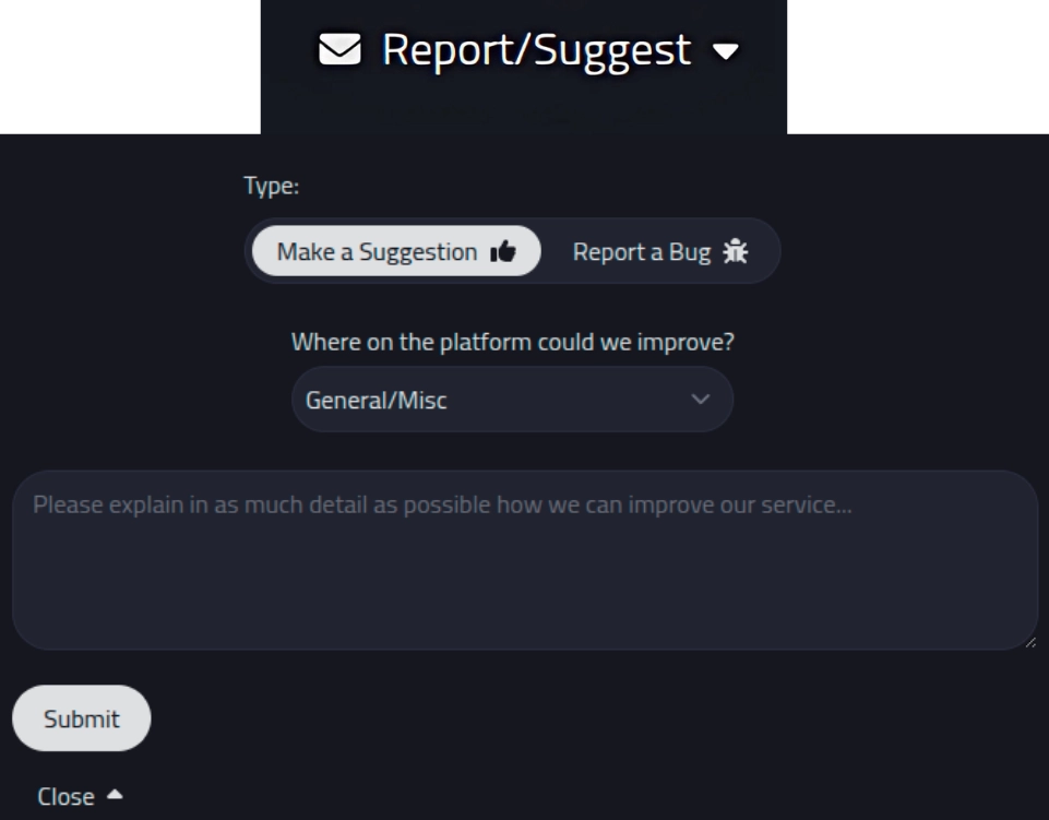 Image of the new report/suggest feature in the dashboard environment