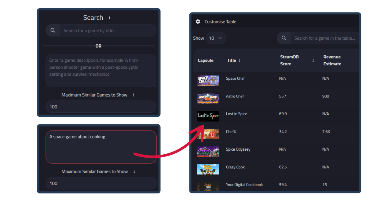 Image of using description search in Data Explorer with the search term "A space game about cooking"