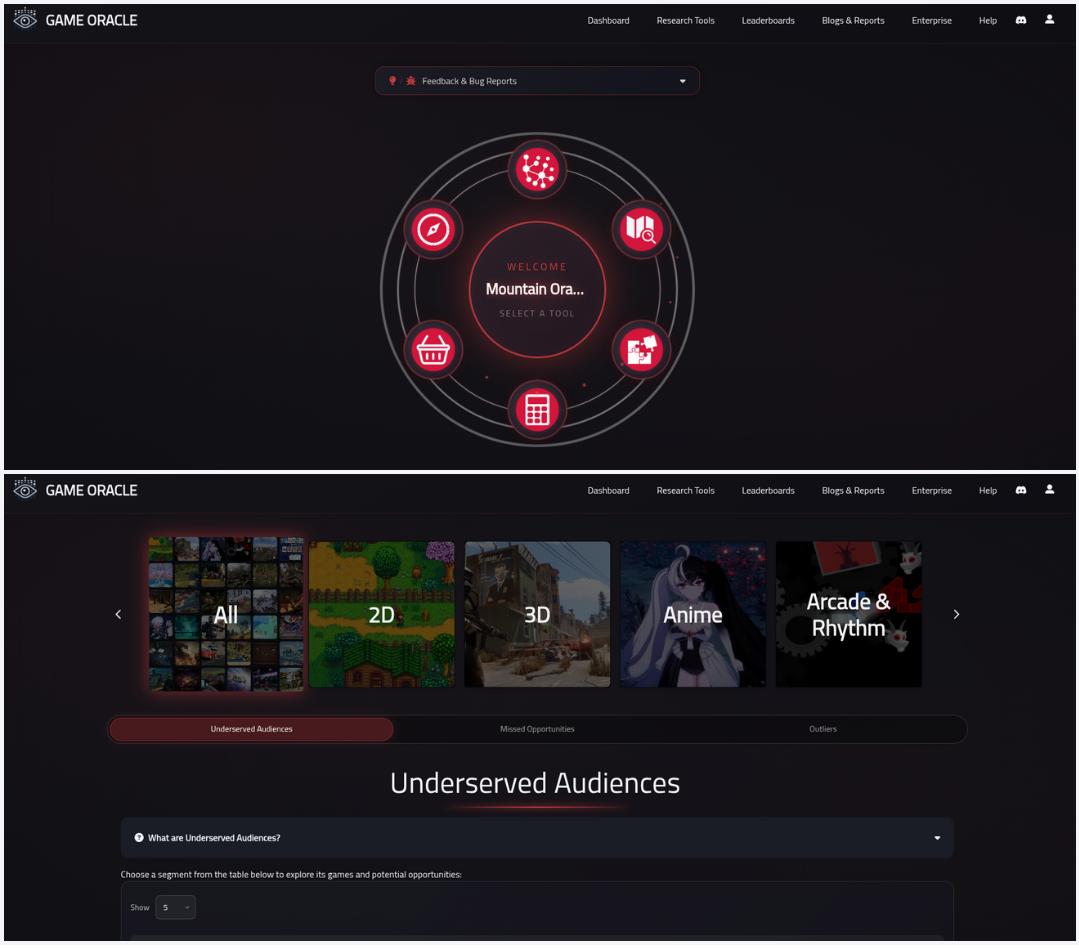 Example of the new glassmorphism design showing; Game Oracle Dashboard (top) and Game Gap (bottom)