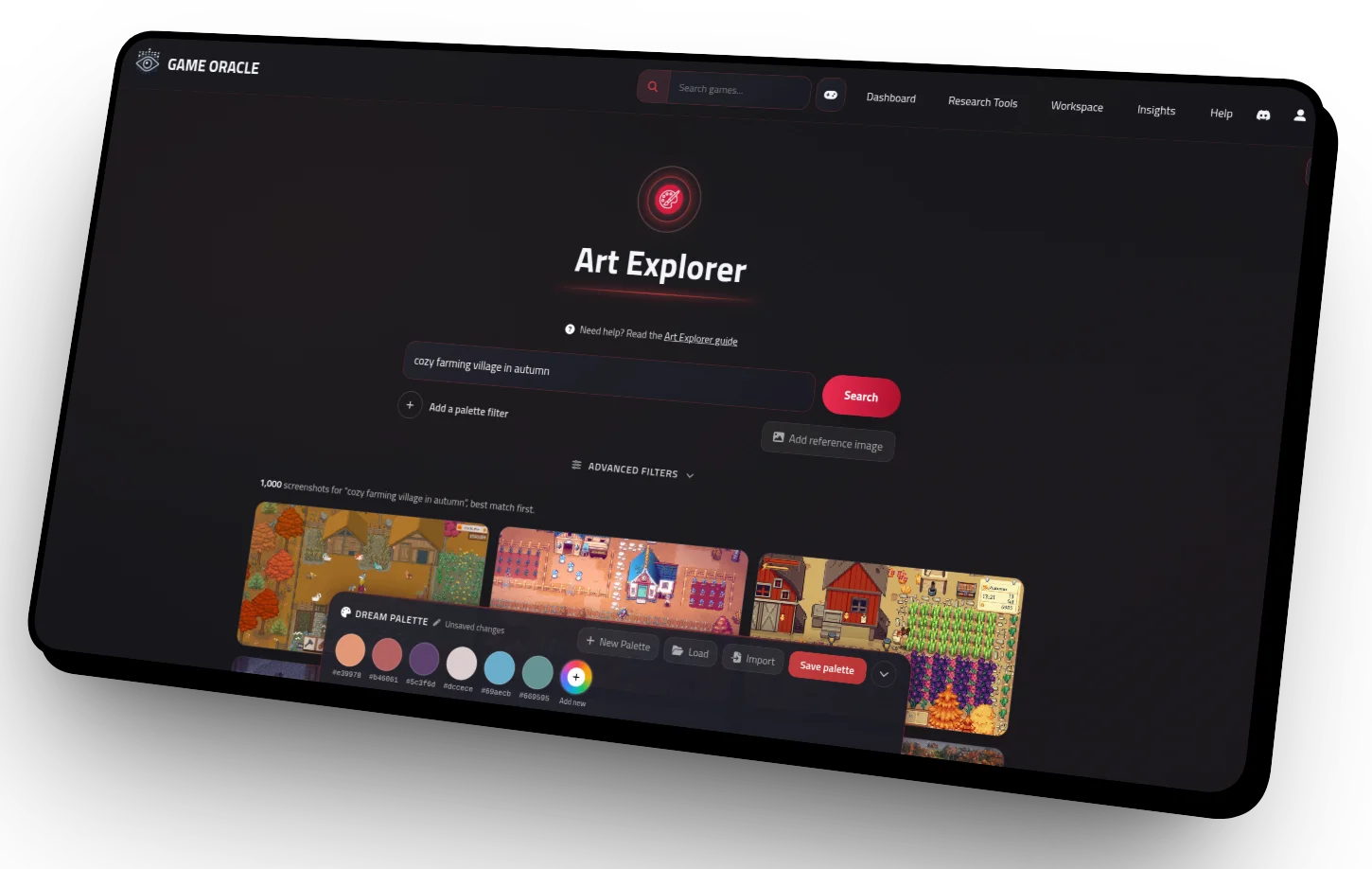 Art Explorer searching for “cozy farming village in autumn”, showing matching pixel-art Steam screenshots and a six-colour palette being built